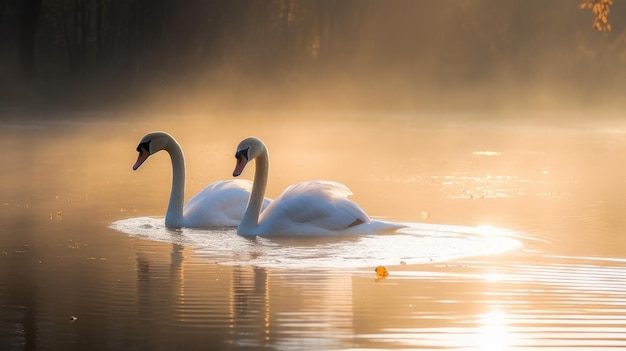 Swan couple on a lake in the morning ligh