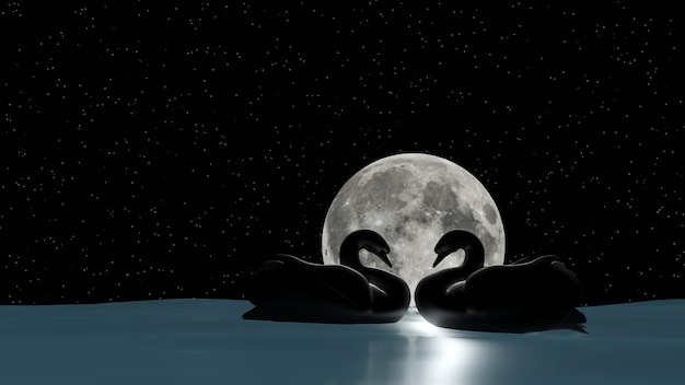 A swan coupon is swimming in a lake with full moon in night sky (3D Rendering)