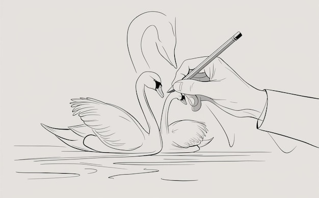 a swan drawing with a pencil in its hand