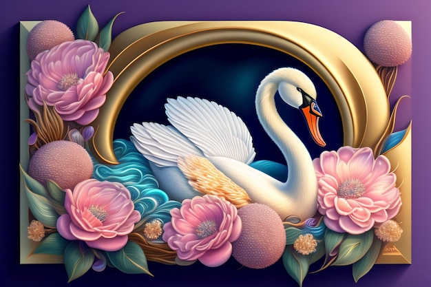 A swan and flowers are displayed in a gold frame.