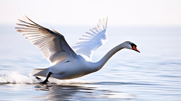 a swan is flying over the water with its wings spread out