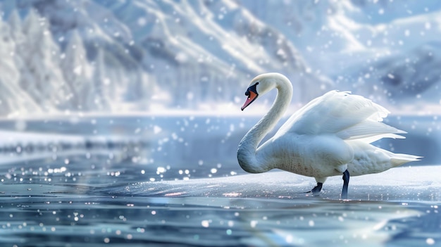 a swan is standing on a frozen lake with the snow on the background