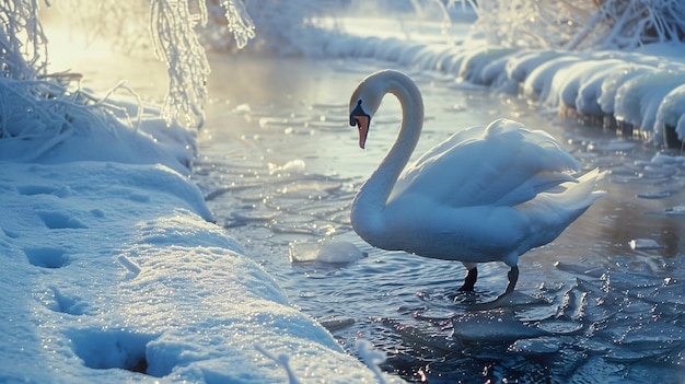 a swan is standing in the water with ice on it