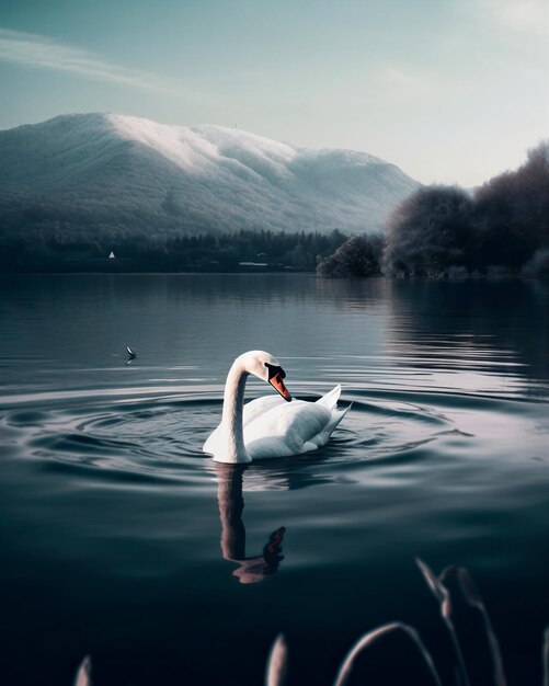 A swan is swimming in a lake with mountains in the background.