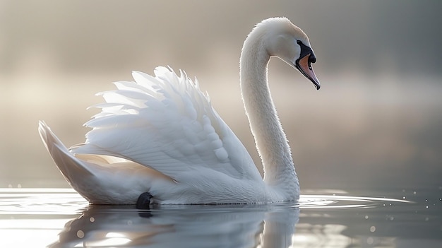 a swan is swimming in the water with its beak open