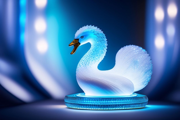 A swan light that is lit up with blue lights