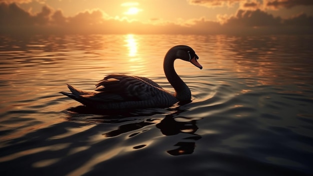 Swan swimming on the lake at sunset Beautiful seascapegenerative ai