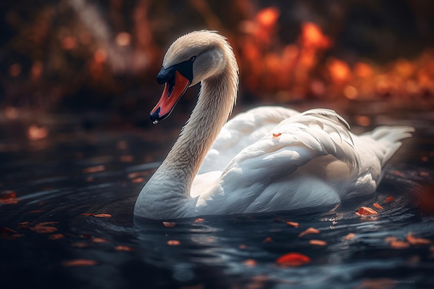 A swan swimming in a lake with autumn leaves on the water