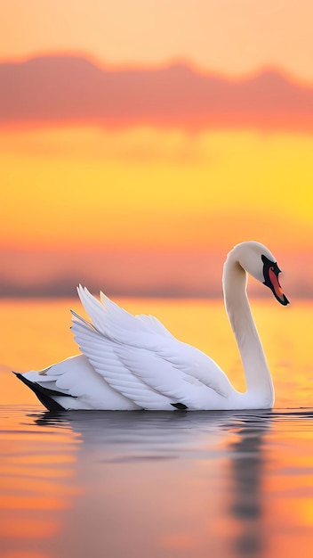 Swan swimming in the lake with blurry sunset background