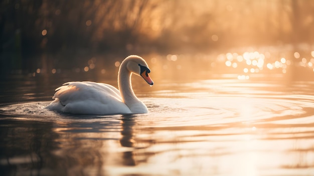 A swan swimming in a lake with golden light