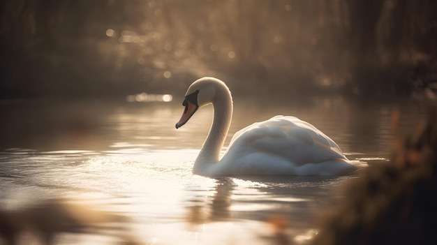 A swan swimming in a lake with the sun shining on it