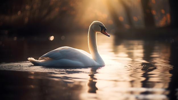 A swan swimming in a lake with the sun shining on it