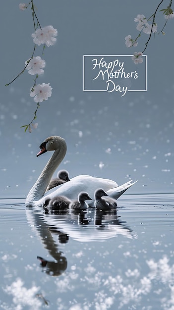 Swan with cygnets on water surrounded by flowers with Mothers Day greetings The concept of maternal love and care Vertical format