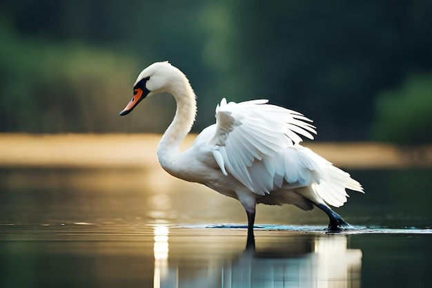 A swan with a red bill and orange bill stands on the water.