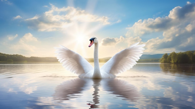 a swan with the sun shining on its wings