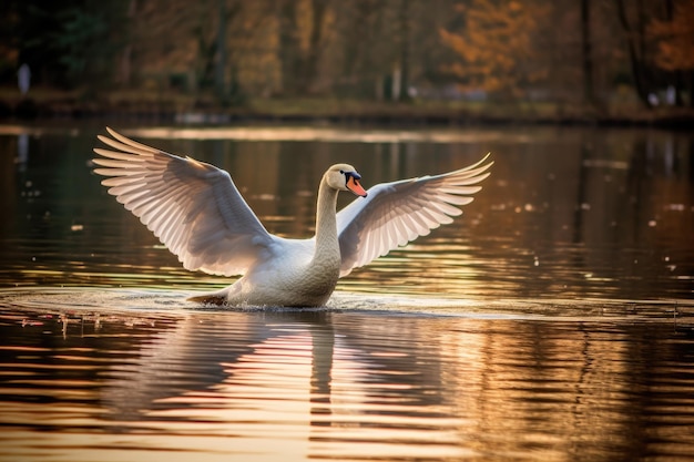 a swan with wings spread out in water