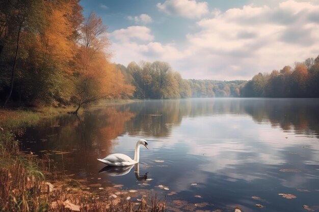 Swans floating on the lake beautiful landscape Generative AI