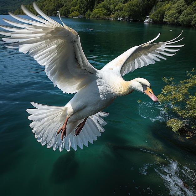 swans flying over the beautiful river