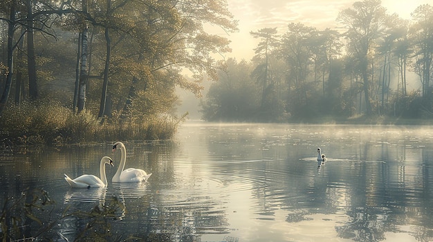 swans on a lake with a sunrise background