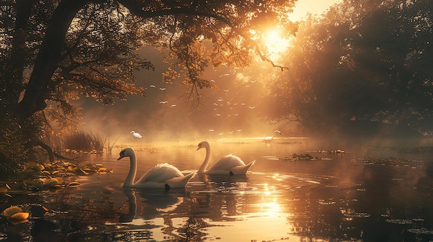 swans on a misty lake at sunset