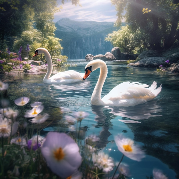 Swans swim in summer natural lake