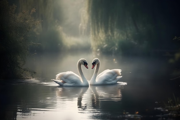 Swans swimming on the water in nature Neural network AI generated