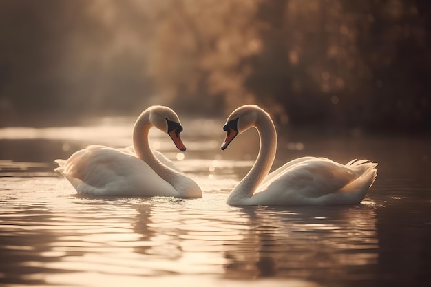 Swans swimming on the water in nature Neural network AI generated