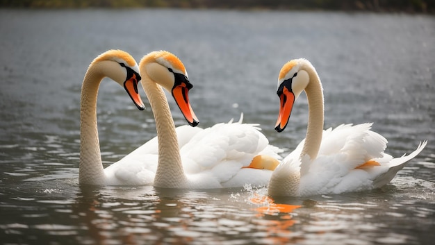 swans with orange beaks are swimming in a lake surrounded by orange flower petals