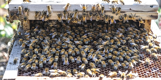 Photo swarm of bees buzzing around a beehive