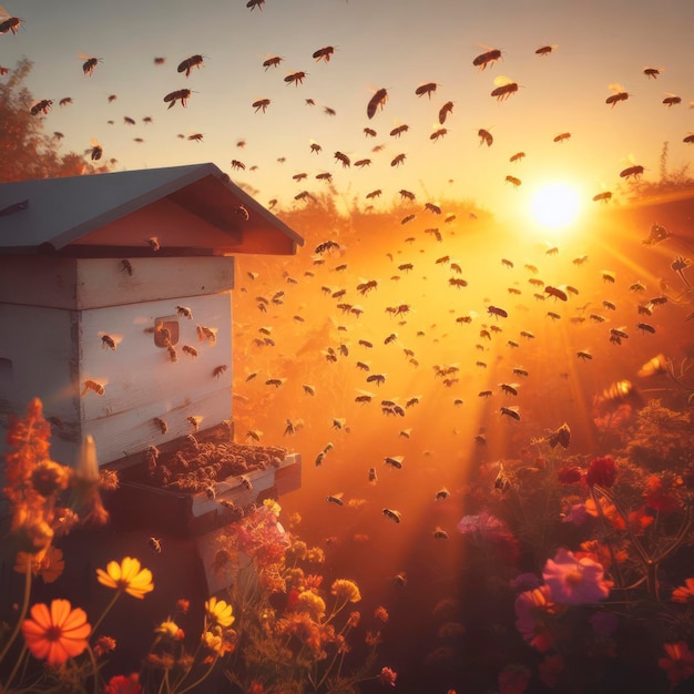 A swarm of bees flying around the hive after a day of collecting nectar from flowers ai generative