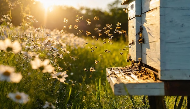 A swarm of bees flying around the hive after a day of collecting nectar from flowers