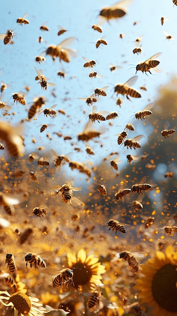 Photo swarm of bees flying over a field of sunflowers under clear blue skies