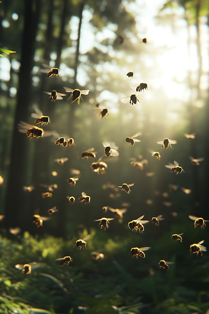 Photo a swarm of bees flying through a forest in the golden light of the setting sun