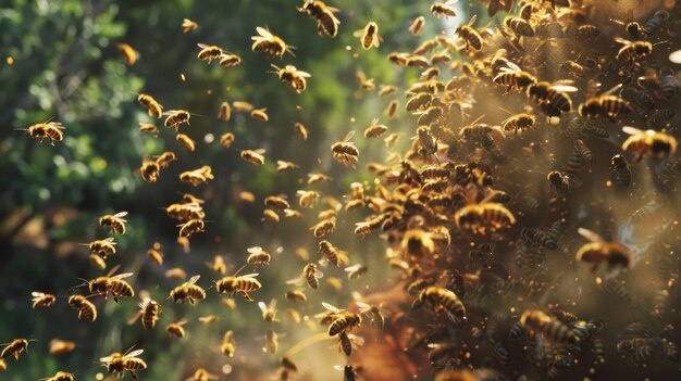 Photo a swarm of honey bees takes flight symbolizing teamwork natural beauty pollination and the