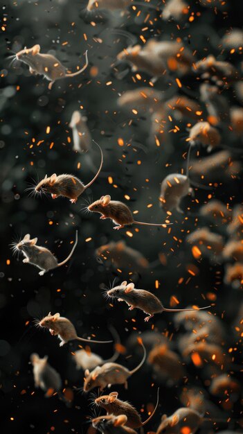 Photo swarm of mice in motion with glowing particles in dark background