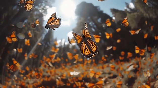 Photo a swarm of monarch butterflies flying in the sun