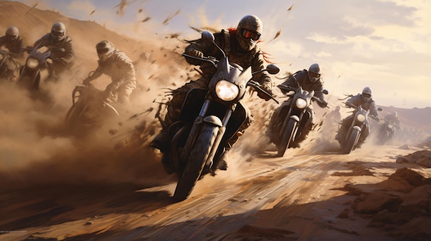 A swarm of motorcycles speeding through a desert lane