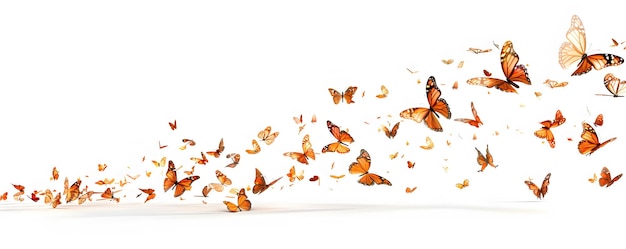 Photo a swarm of orange butterflies in flight against a white background