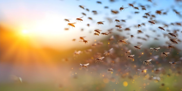 Photo swarm of synchronized flying insects performing aerial displays in the sky concept synchronized flying insects aerial displays swarm behavior insect choreography sky performance