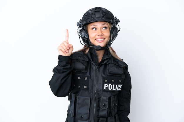 SWAT Russian woman isolated on white background intending to realizes the solution while lifting a finger up