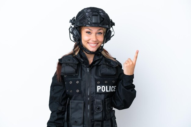 SWAT Russian woman isolated on white background pointing with the index finger a great idea