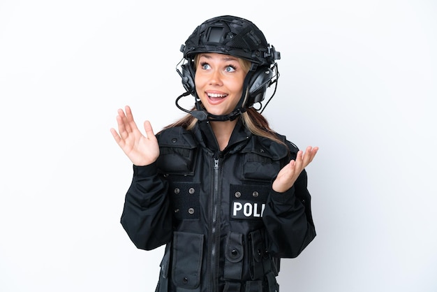 SWAT Russian woman isolated on white background with surprise facial expression