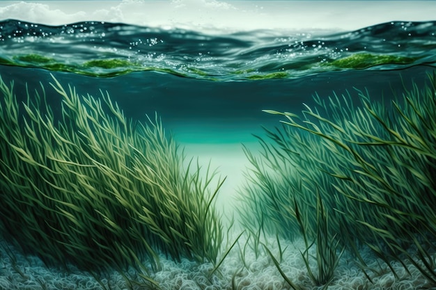 Swaying seagrass in warm ocean current with view of distant shore created with generative ai