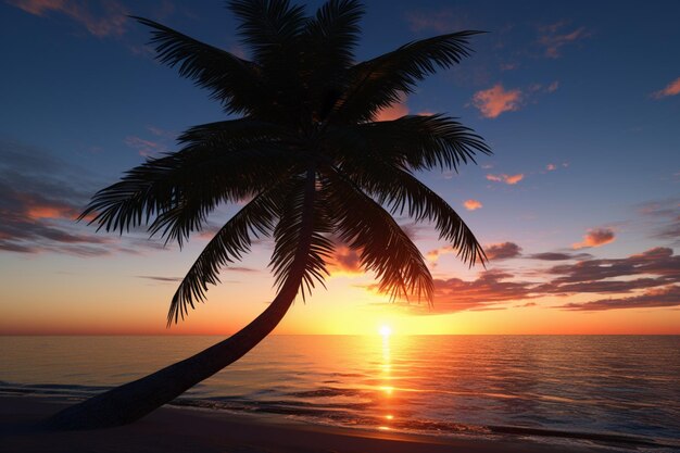 Swaying tropical palm tree in a tranquil sunset