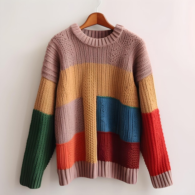 A sweater with a colorful striped pattern is hanging on a wall.