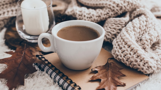 Sweaters and cup of tea with notebook, candle and knitting clothes