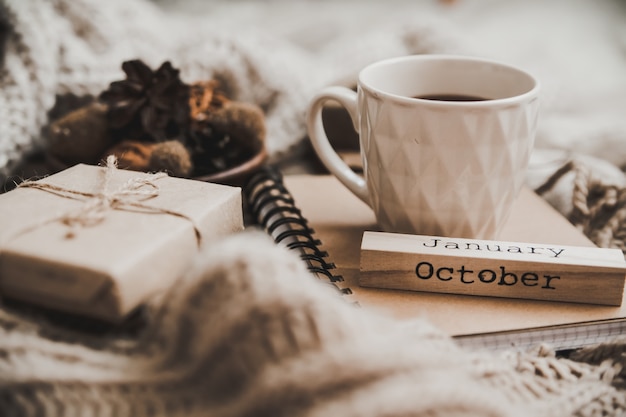 Sweaters and cup of tea with notebook, candle and knitting clothes