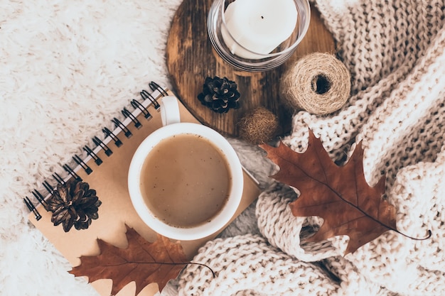 Sweaters and cup of tea with notebook, candle and knitting clothes