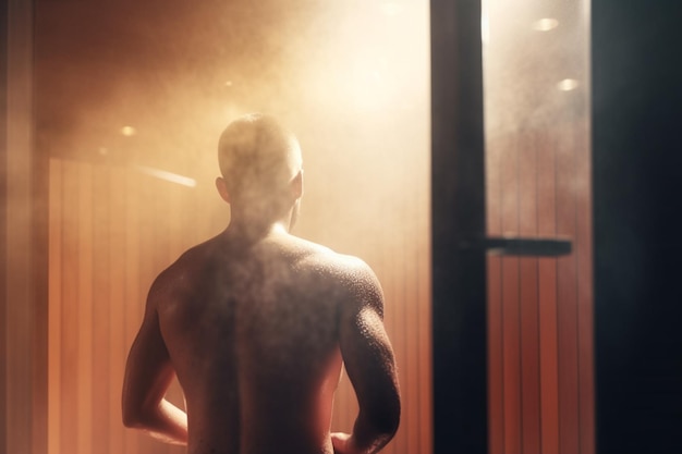 Sweating it out A view of a naked man's back in a steamy sauna