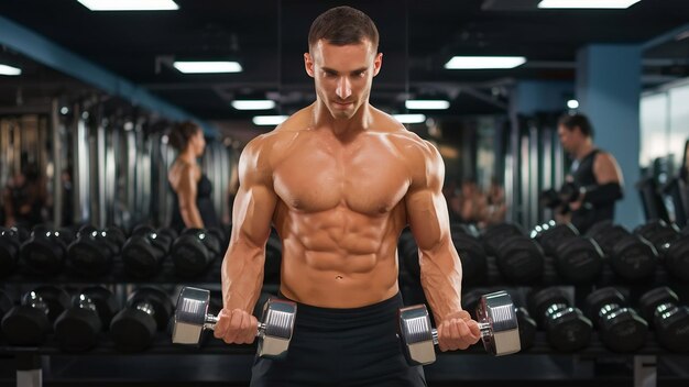 Sweaty sportsman working out with dumbbells during strength training in a gym